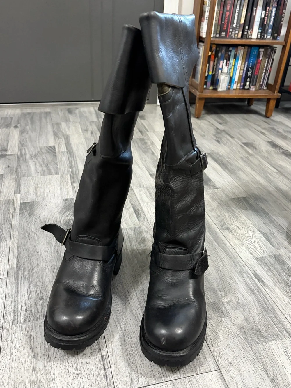 ANSA Black Leather Mid-Calf Fold Over Engineer  Boots Sz 10